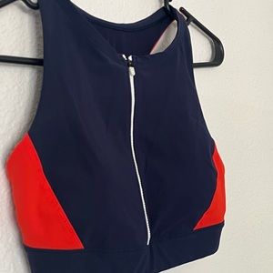 Athleta Navy Blue High Neck Zip Bikini Top Sports Bra-Small